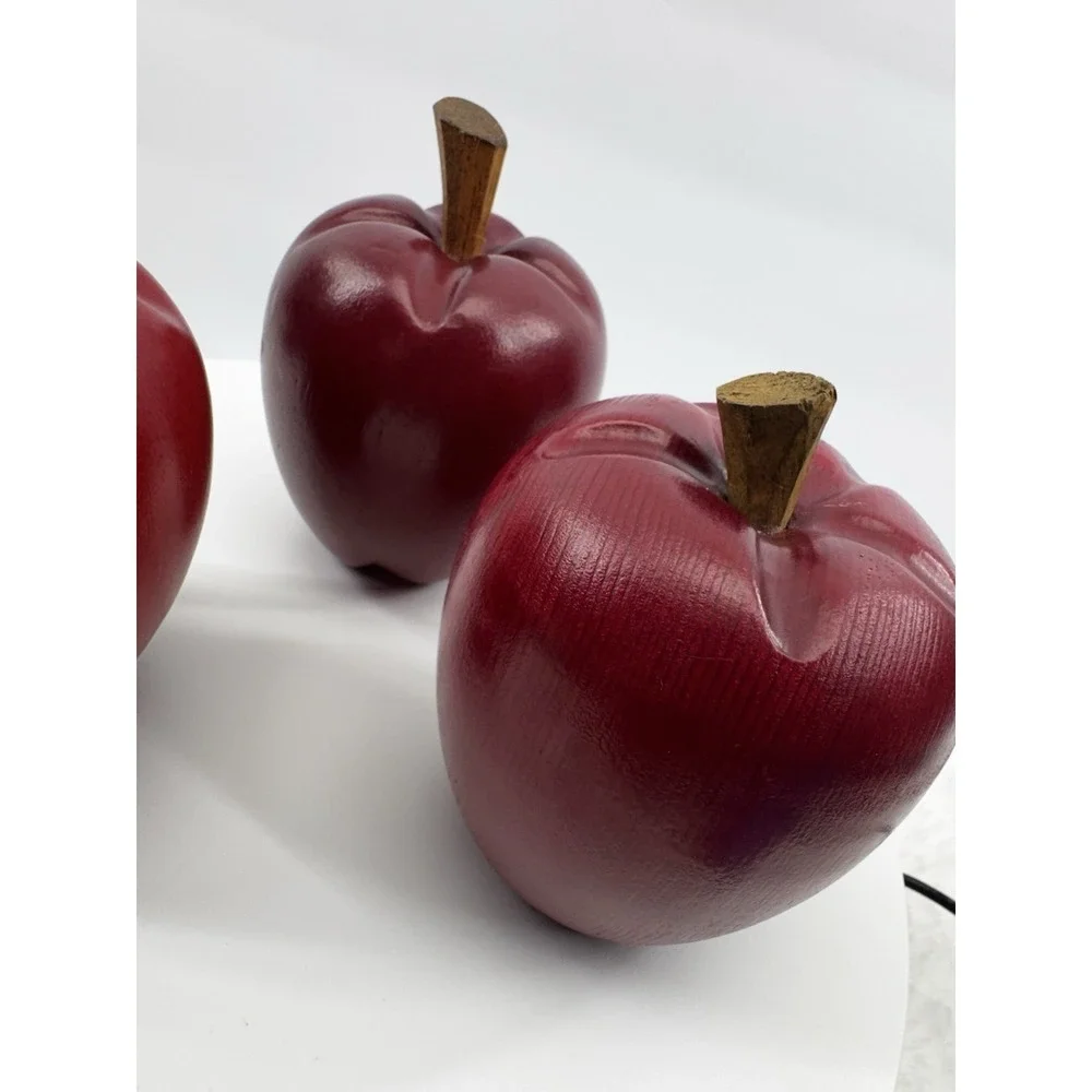 3 Faux Fruit Wood Wooden Red‎ Apples Stems Realistic Farmhouse Decor Heavy